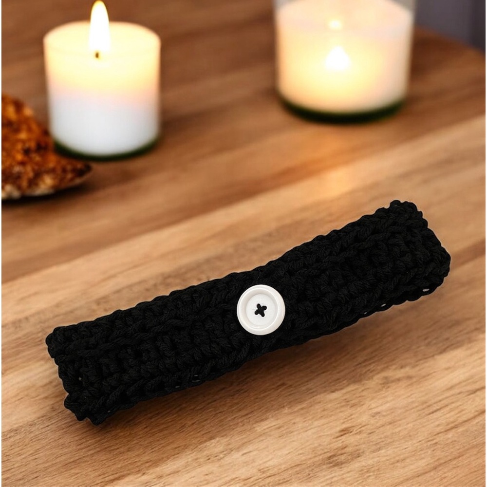 Handmade Black Crochet Headband | White Button Accent